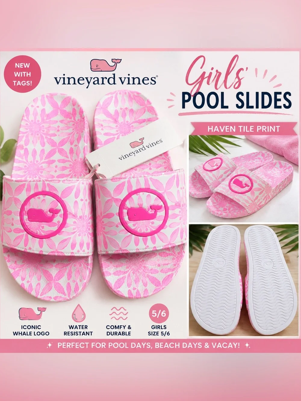 NWT Vineyard Vines Girls Haven Tile Print Pool Slides Pink Size 5/6